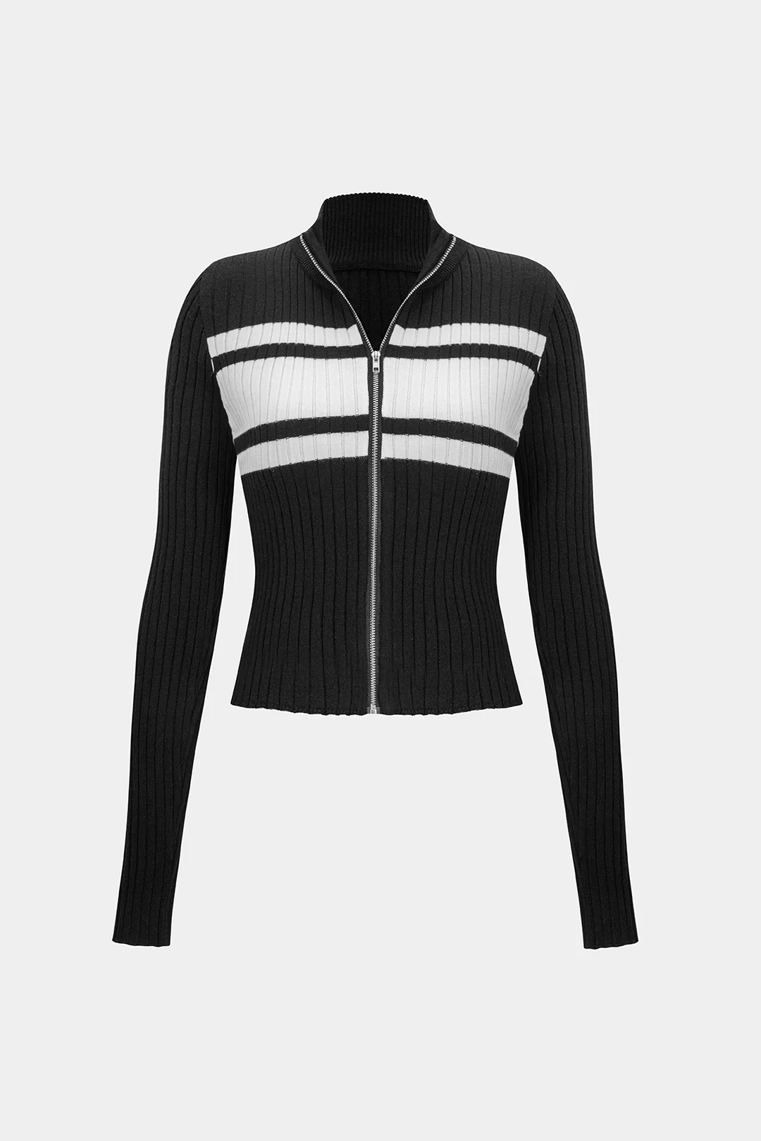 Knit Contrast Zipper Long-Sleeve Top - Flockneti