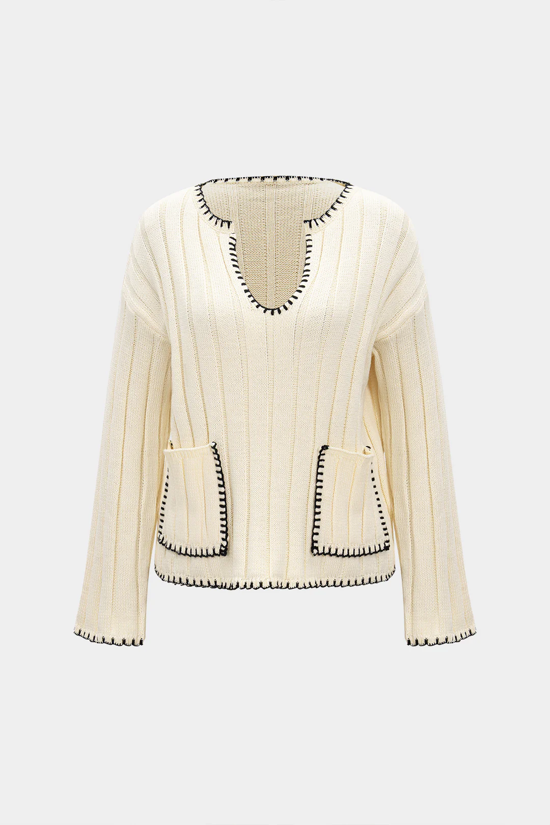 Knit V-Neck Contrast Binding Pocket Long-Sleeve Top - Flockneti