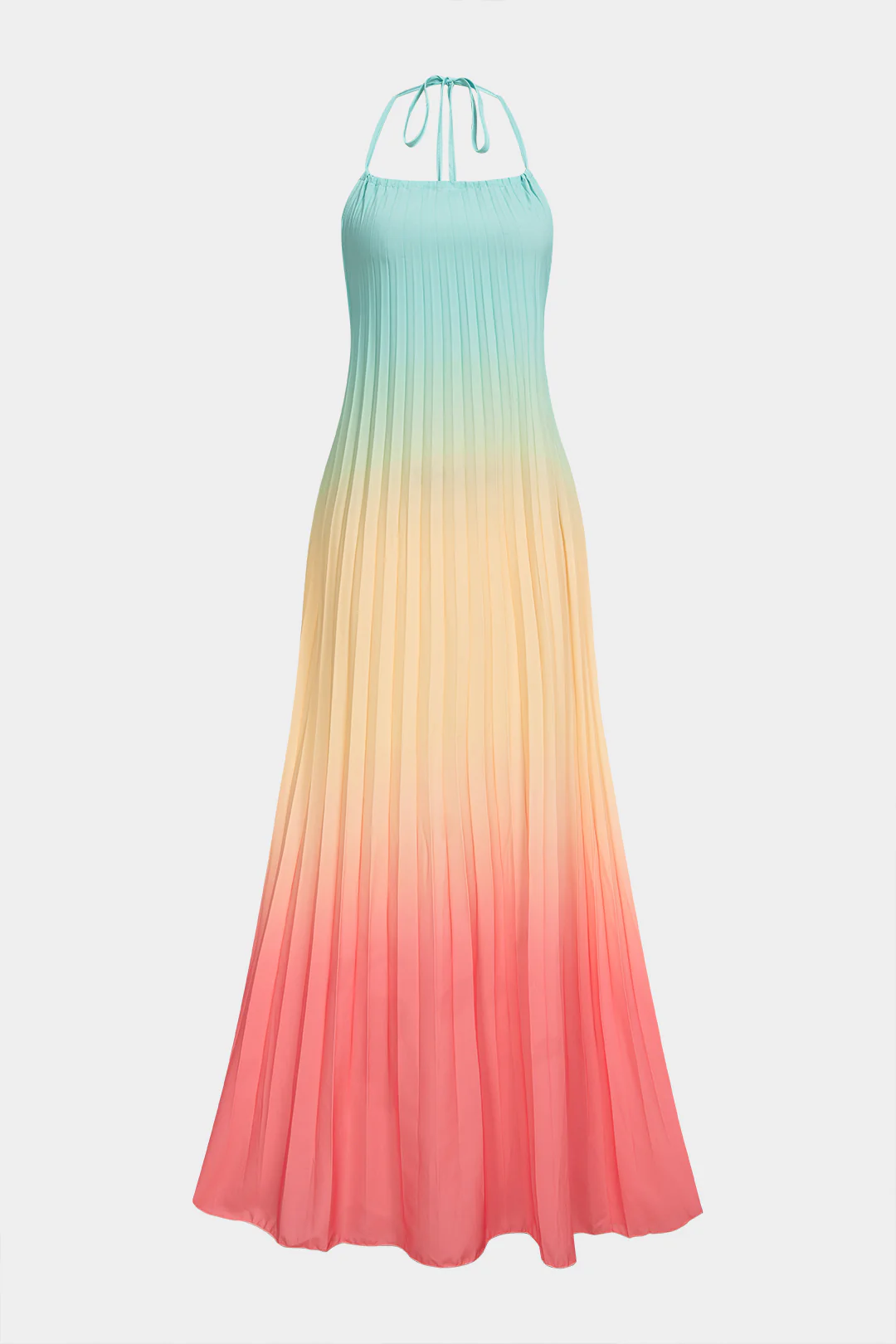 Ombre Print Halter Tie Back Backless Pleated Sleeveless Maxi Dress - Flockneti