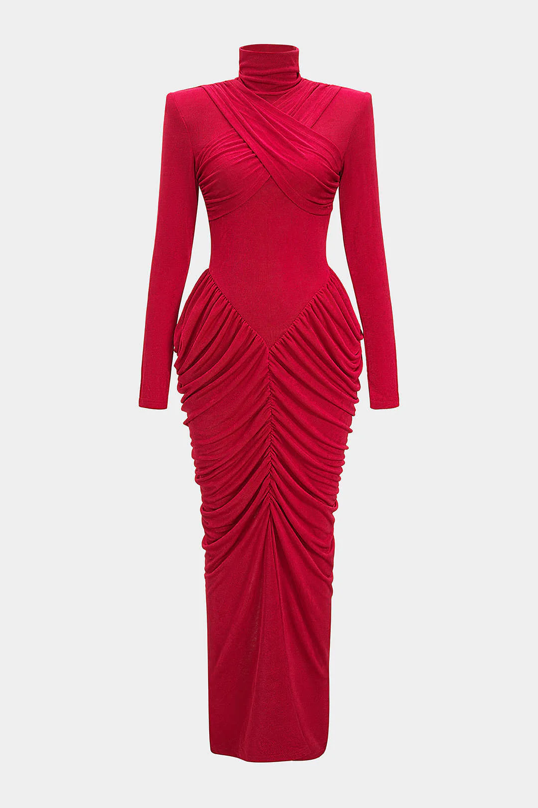 Mock Neck Shoulder Pads Crossed Ruched Backless Long-Sleeve Maxi Dress - Flockneti