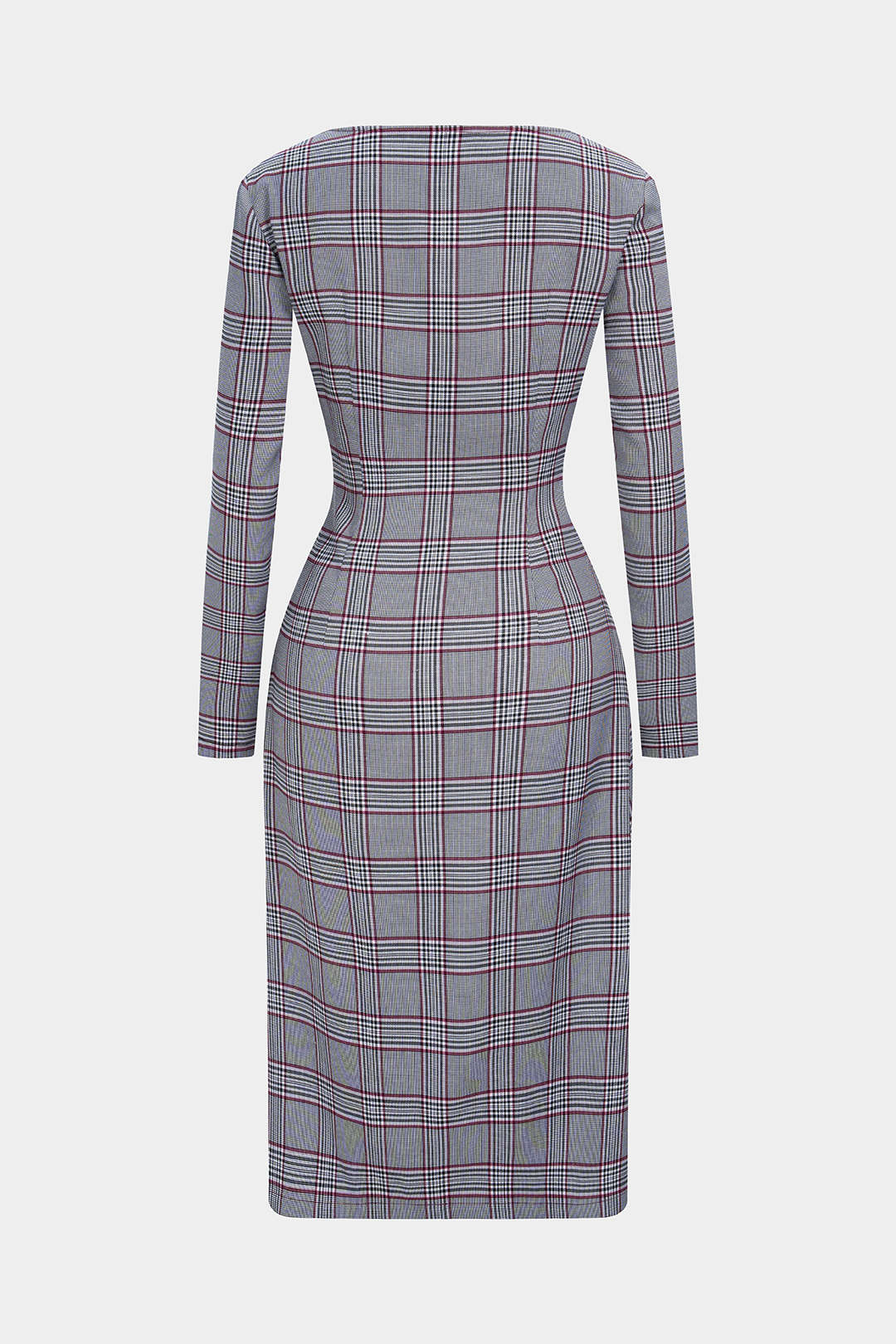 Plaid Print V-Neck Asymmetrical Ruched Long Sleeve Midi Dress - Flockneti