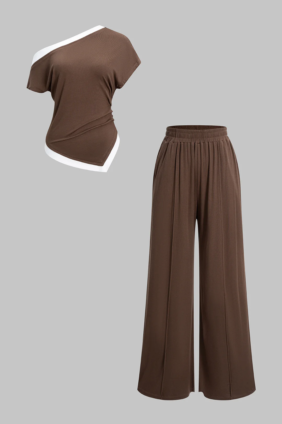 Asymmetrical Ruched Short-Sleeve Top And Shirred Waistband Pants Set - Flockneti
