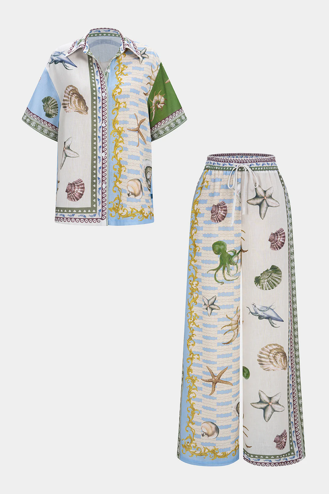 Ocean Print Satin Button Short Sleeve Shirt And Shirred Waistband Wide Leg Pants Set - Flockneti