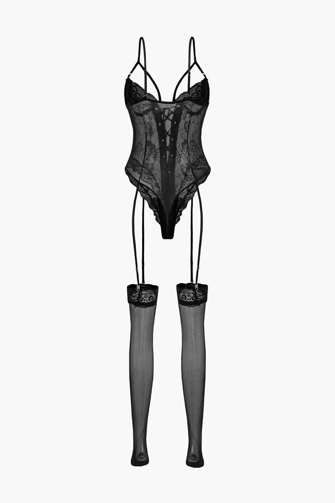 Lace Backless Tie Up Lingerie Garter Set - Flockneti