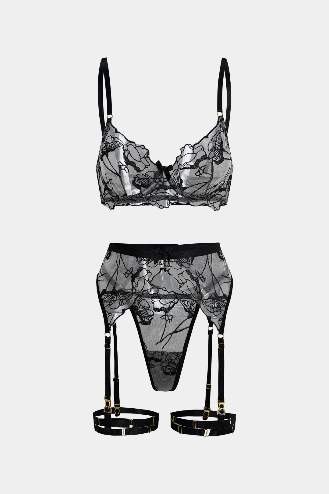 Embroidery Sheer Underwire Lingerie Garter Set - Flockneti