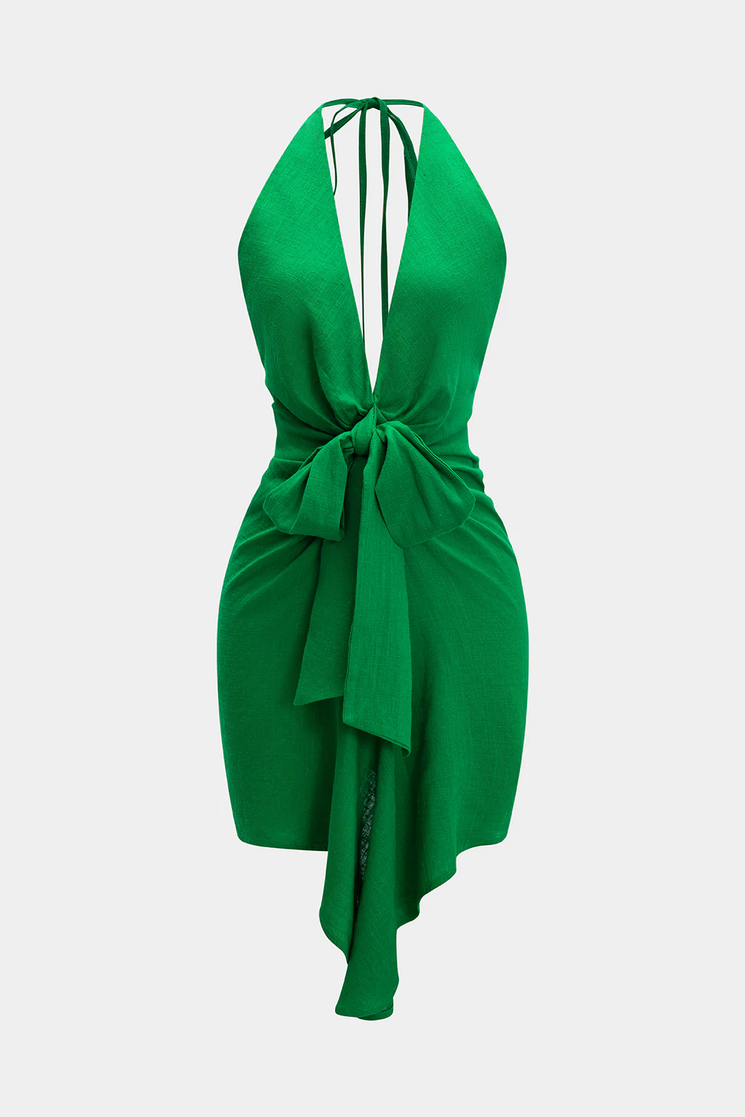 Linen Tie Front V-Neck Halter Neck Ruched Backless Sleeveless Mini Dress - Flockneti