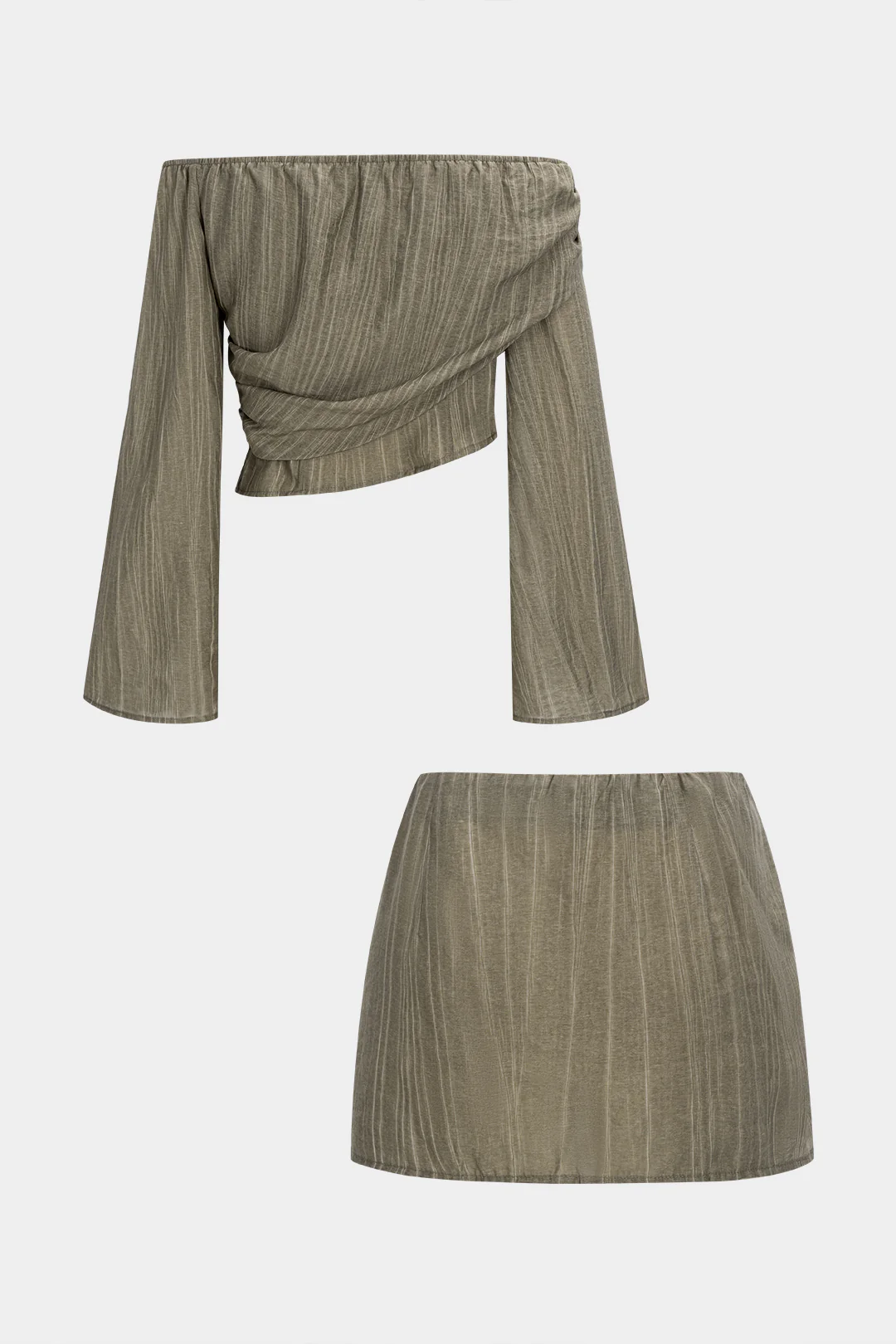 Off Shoulder Stripes Print Long Sleeve Crossed Top And Ruched Mini Skirt Set - Flockneti
