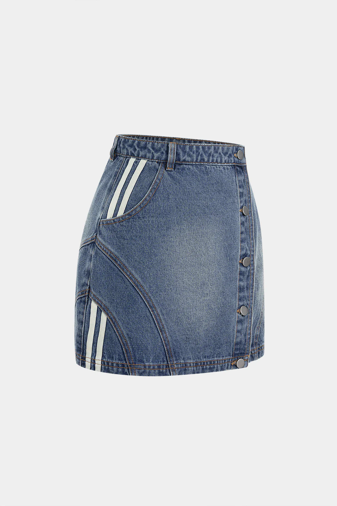 Denim Asymmetrical Seamdetail Button Skirt - Flockneti