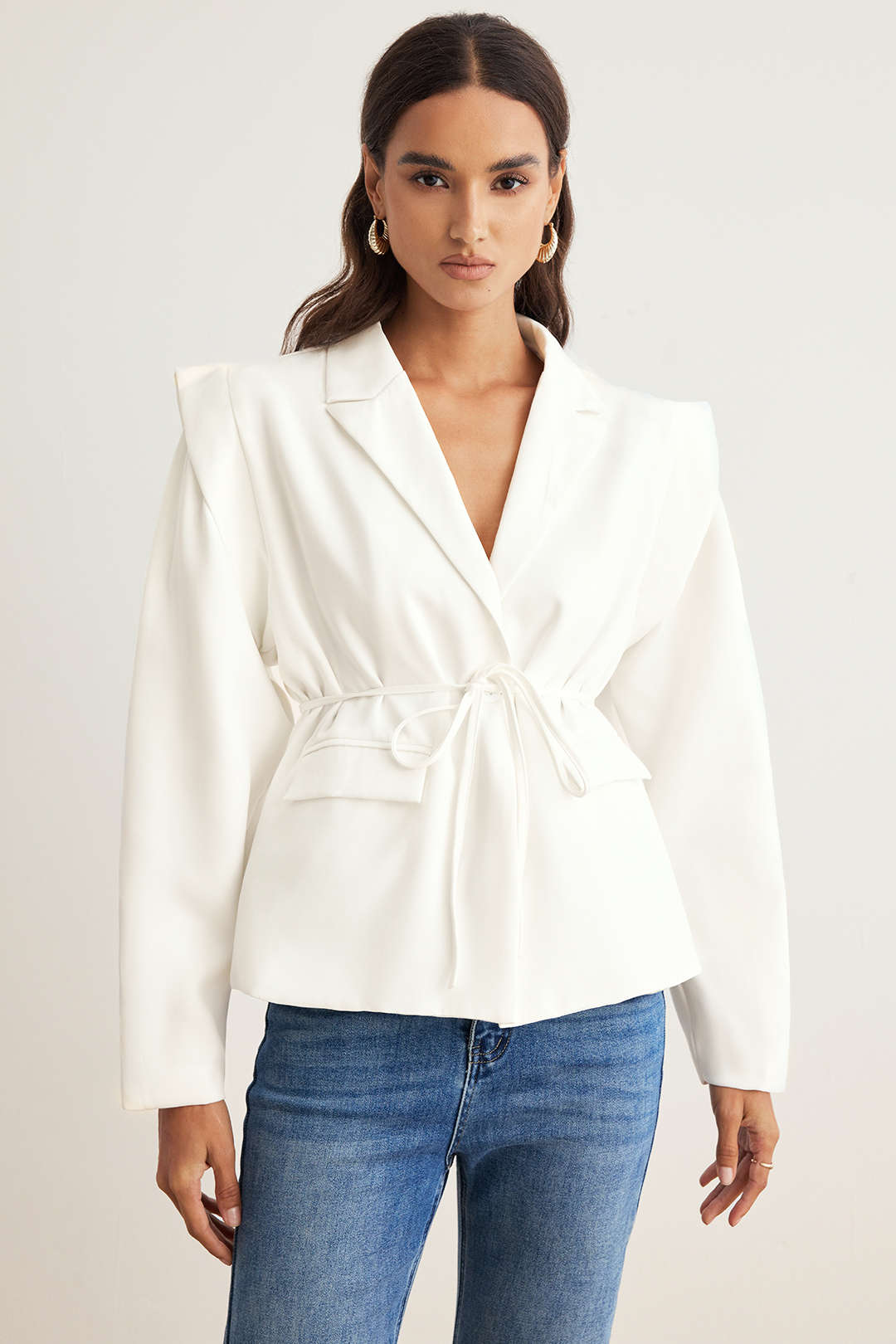Tie-Up Notched Lapel Shoulder Pads Blazer - Flockneti