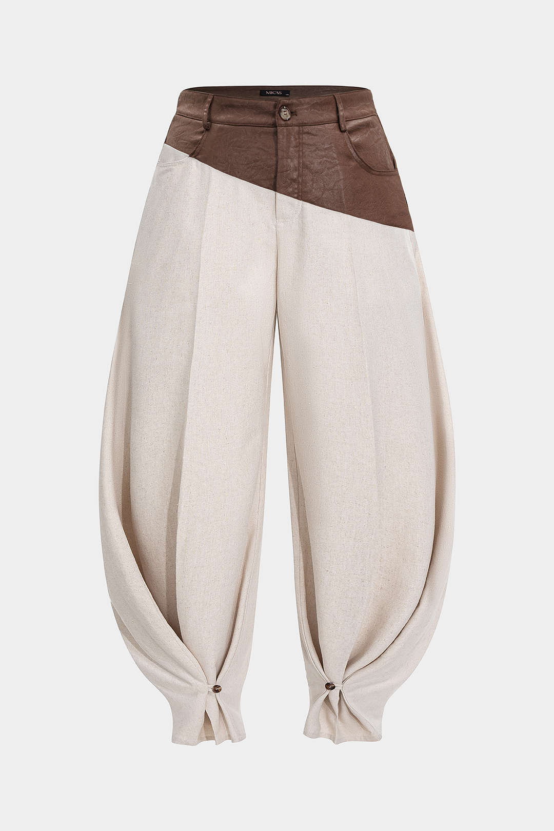 Plus Size Faux Leather Linen Patchwork Ruched Trousers - Flockneti