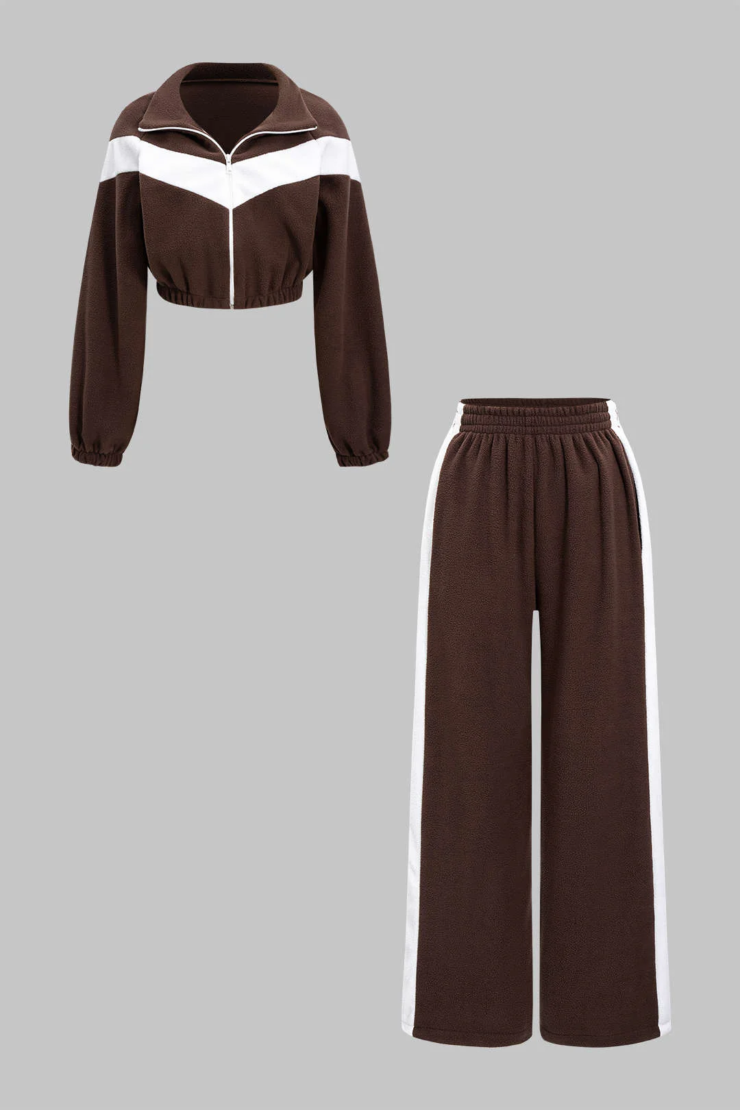 Contrast Ruched Zipper Sweatshirt And Shirred Waistband Pants Set - Flockneti
