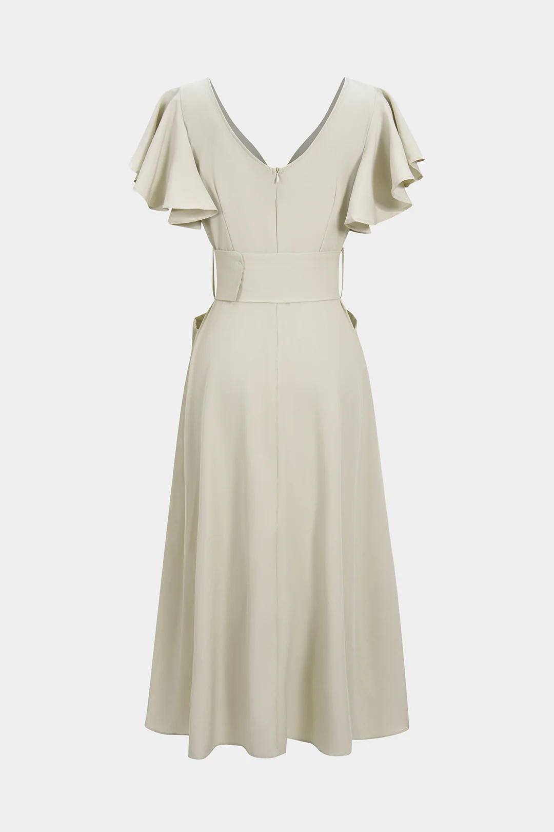 V-Neck Belted Pocket Ruffle Sleeve Slit Maxi Dress - Flockneti
