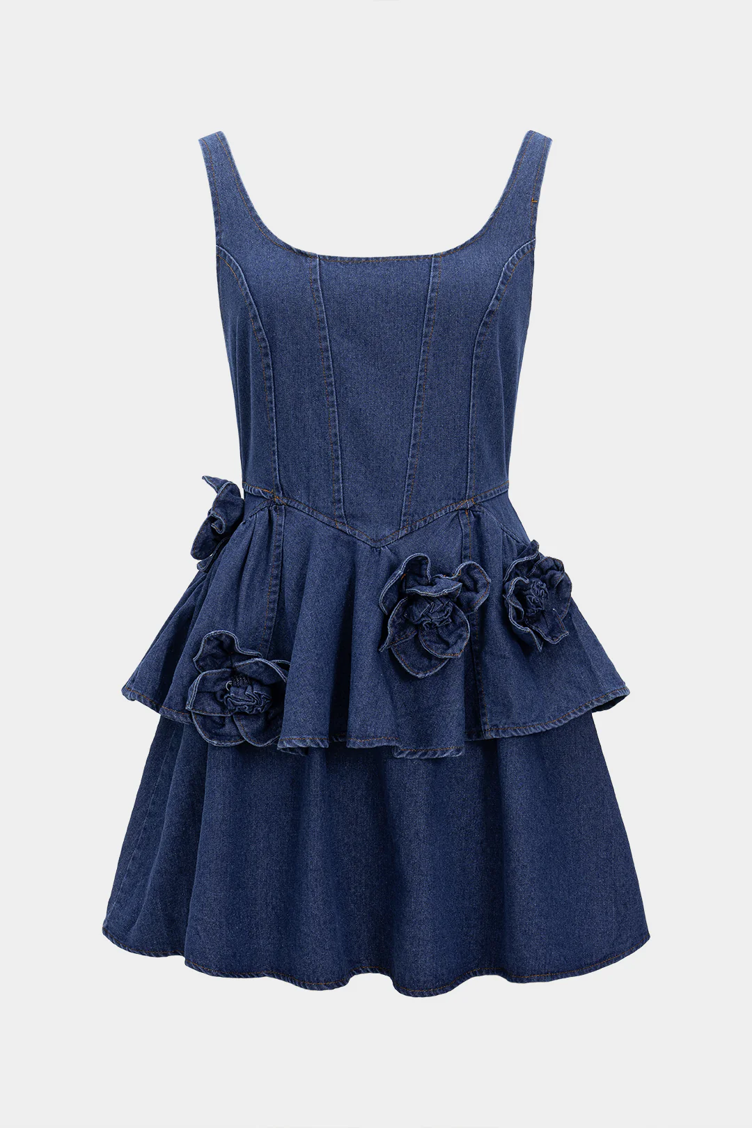 Denim 3D Floral Decor Strap Sleeveless Dress - Flockneti