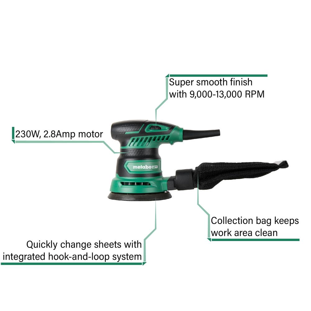 Metabo HPT Finishing Sander 5″ Variable Speed Random Orbit - Flockneti