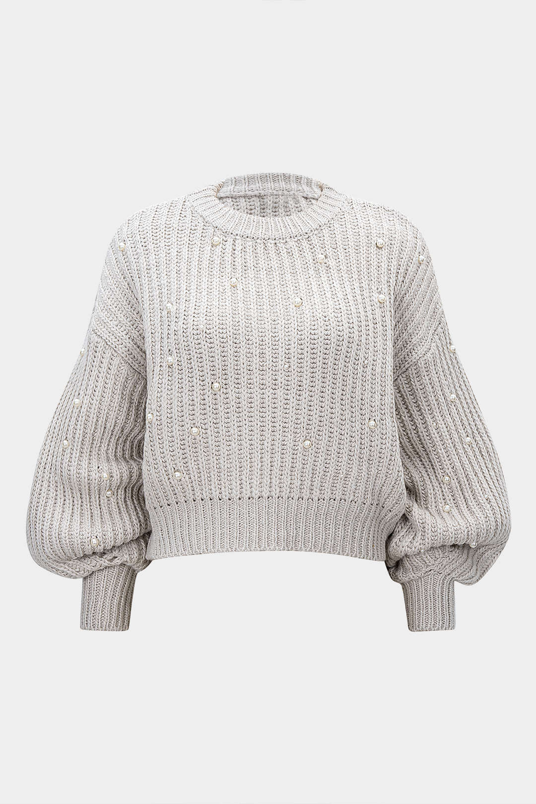 Knit Beaded Decor Round Neck Long-Sleeve Top - Flockneti