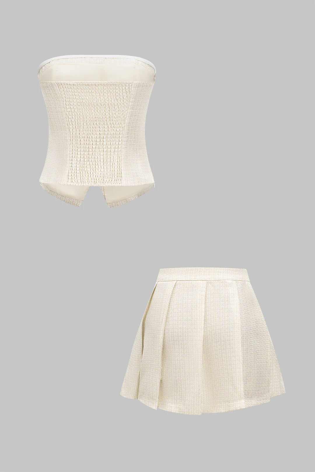 Pearl Button Tube Top And Pleated Skirt Set - Flockneti