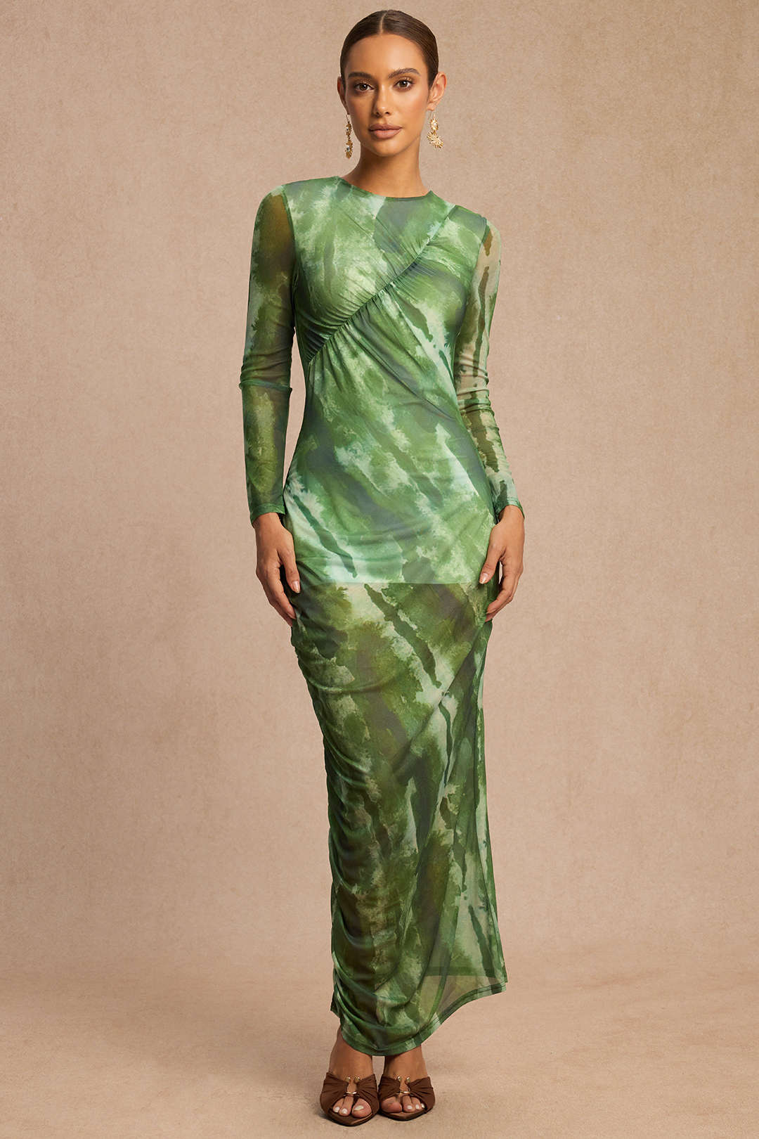 Tie Dye Print Mesh Round Neck Ruched Long Sleeve Midi Dress - Flockneti