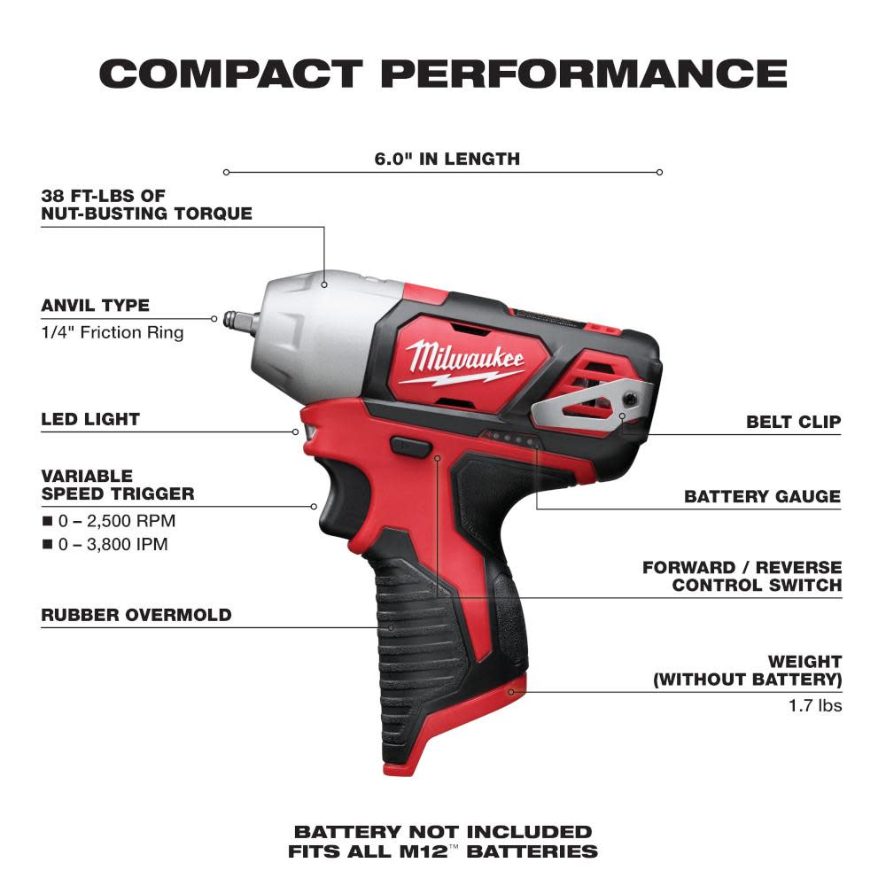 Milwaukee M12 1/4 In. Impact Wrench (Bare Tool) - Flockneti
