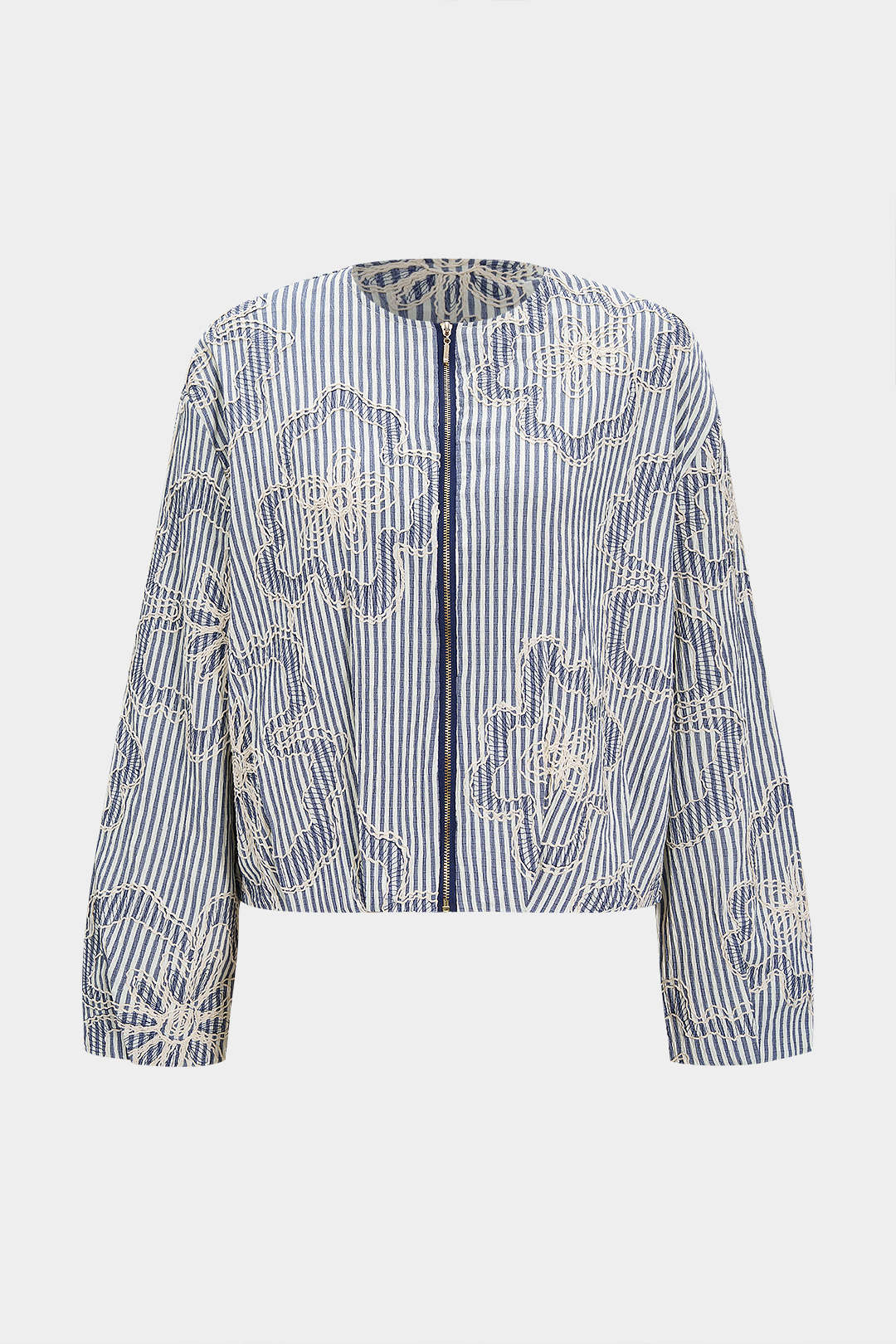 Stripes Print Floral Embroidery Zipper Jacket - Flockneti