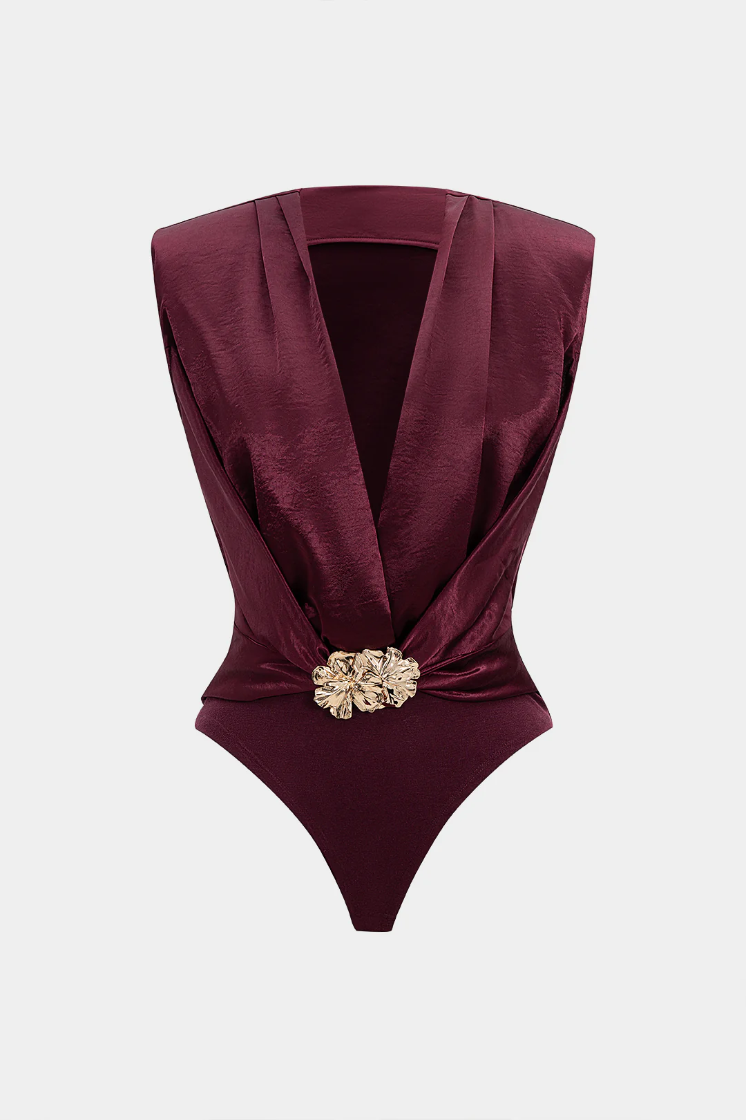 Satin Patchwork Metallic Decor V-Neck Sleeveless Bodysuit - Flockneti