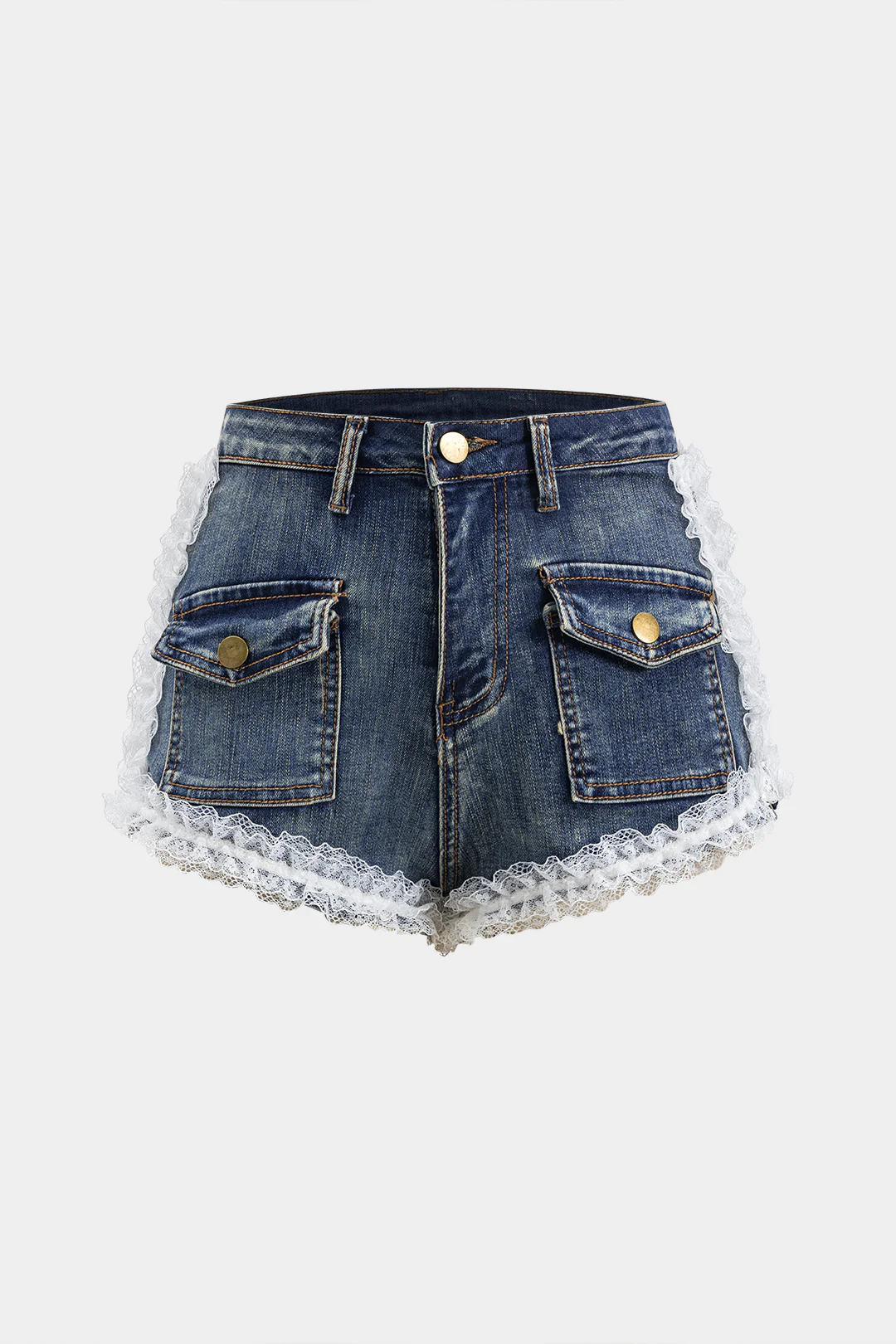Denim Lace Patchwork Pocket Shorts - Flockneti