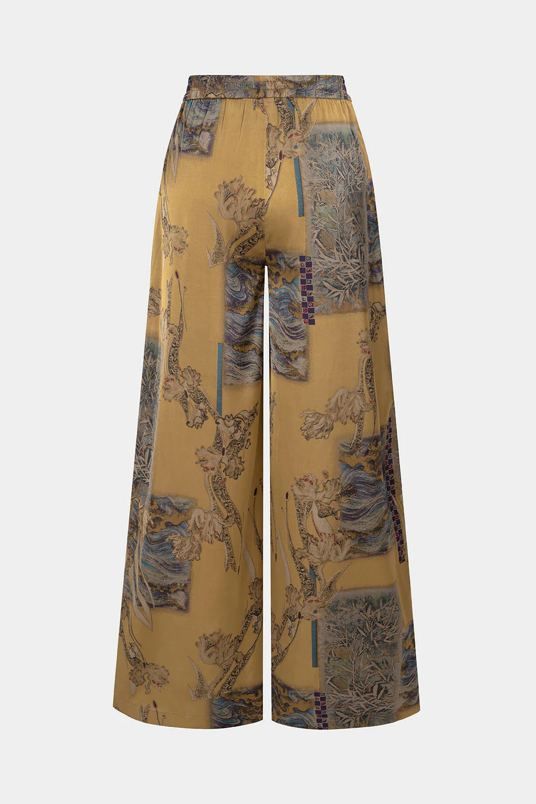 Abstract Print Satin Shirred Waistband Wide Leg Pants - Flockneti