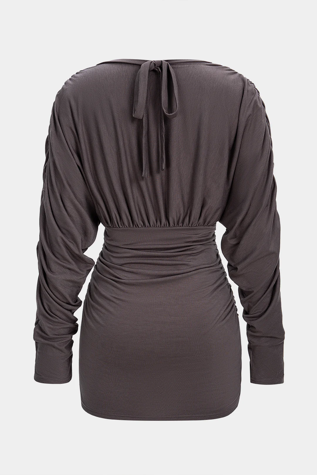 V-Neck Tie-Up Ruched Long Sleeve Mini Dress - Flockneti