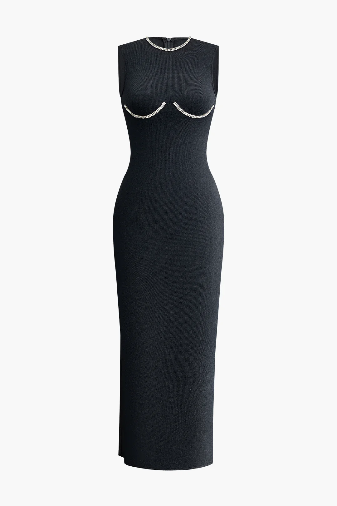 Knit Rhinestone Decor Round Neck High Slit Sleeveless Dress - Flockneti