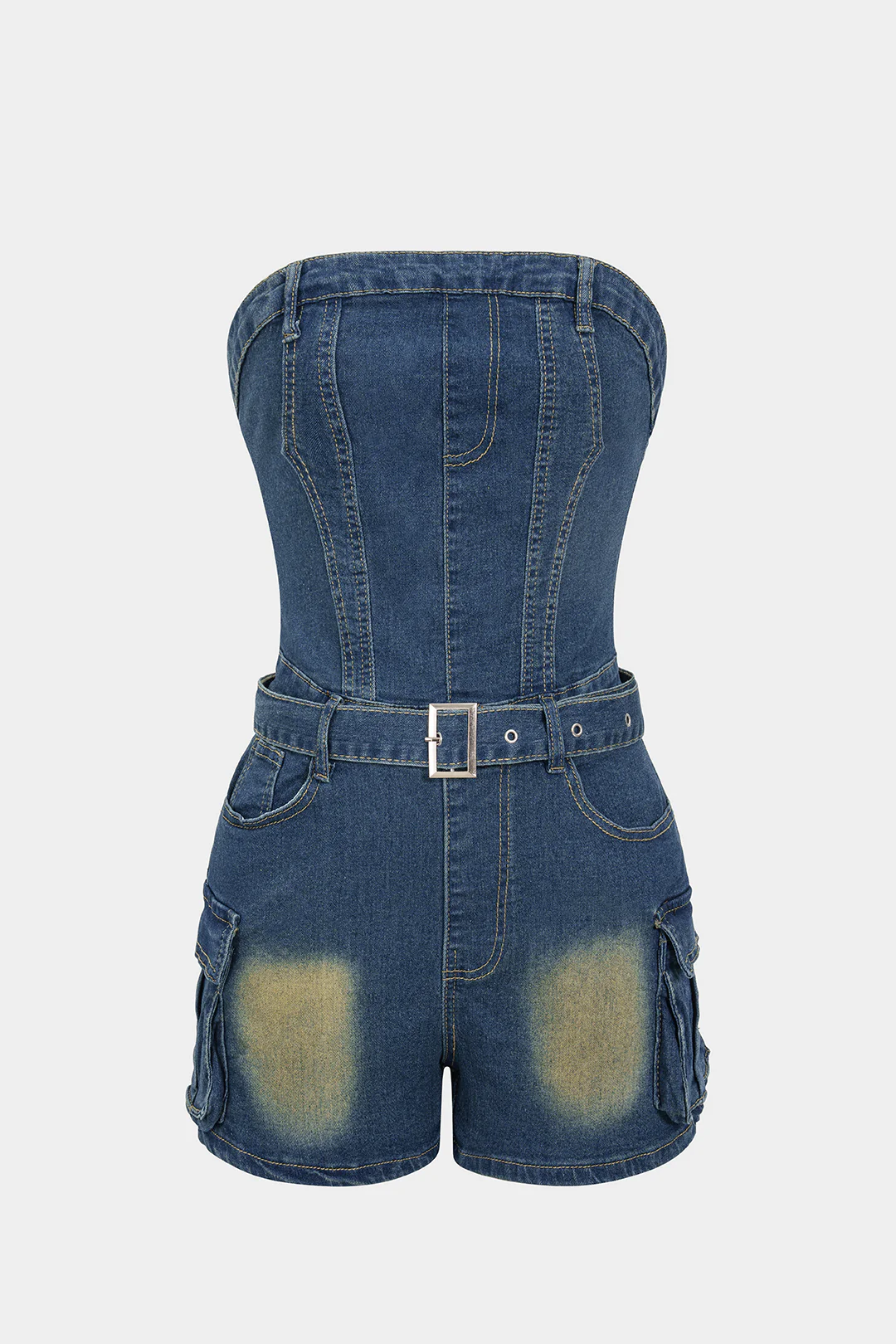 Denim Belted Backless Sleeveless Romper - Flockneti