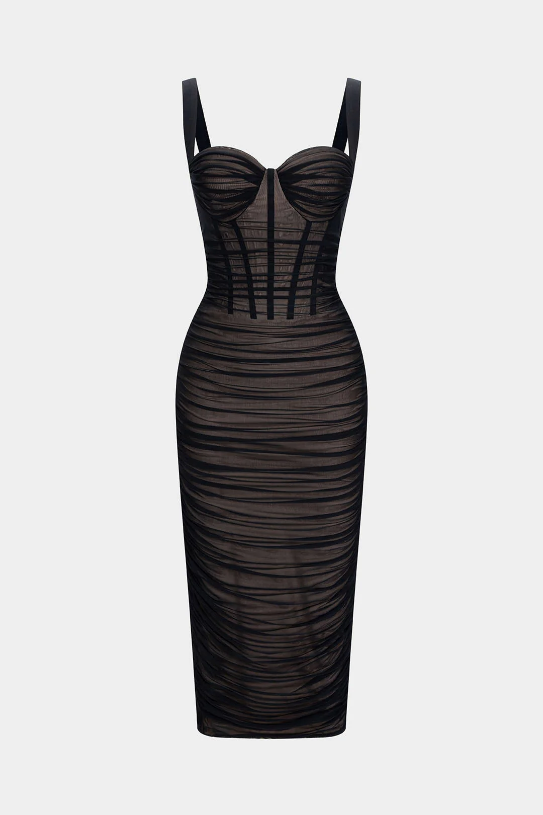 Sheer Mesh Ruched Bustier Slip Sleeveless Midi Dress - Flockneti