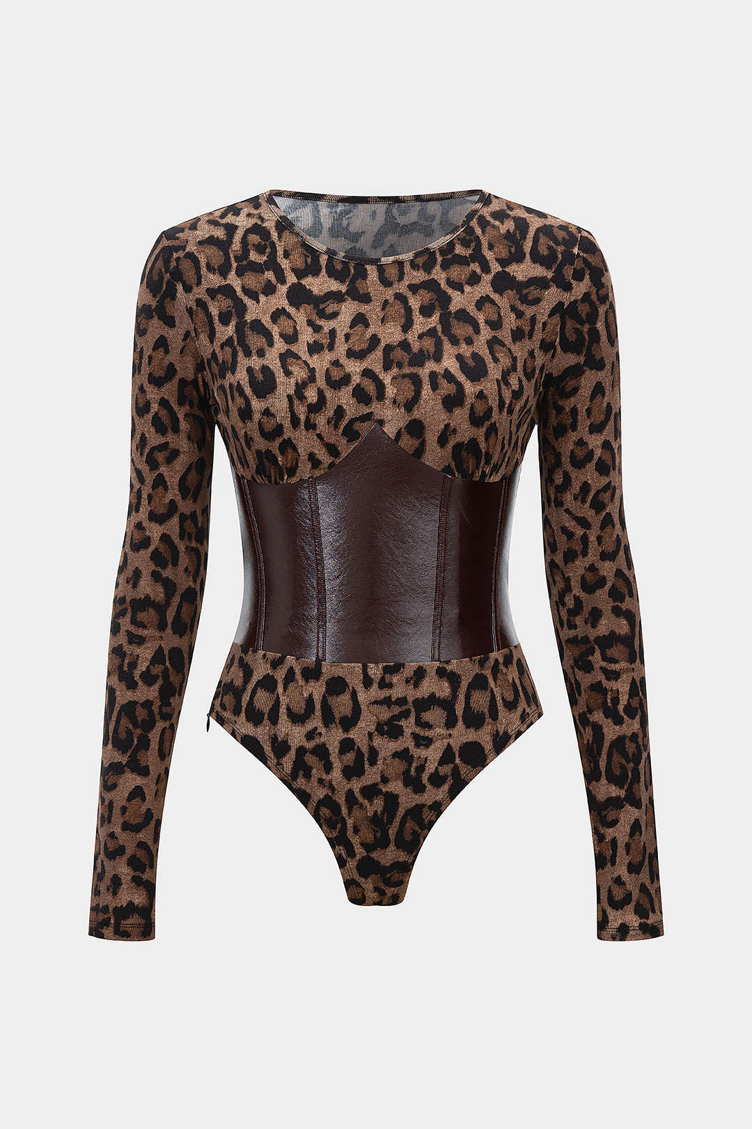 Leopard Print Faux Leather Patchwork Long-Sleeve Bodysuit - Flockneti