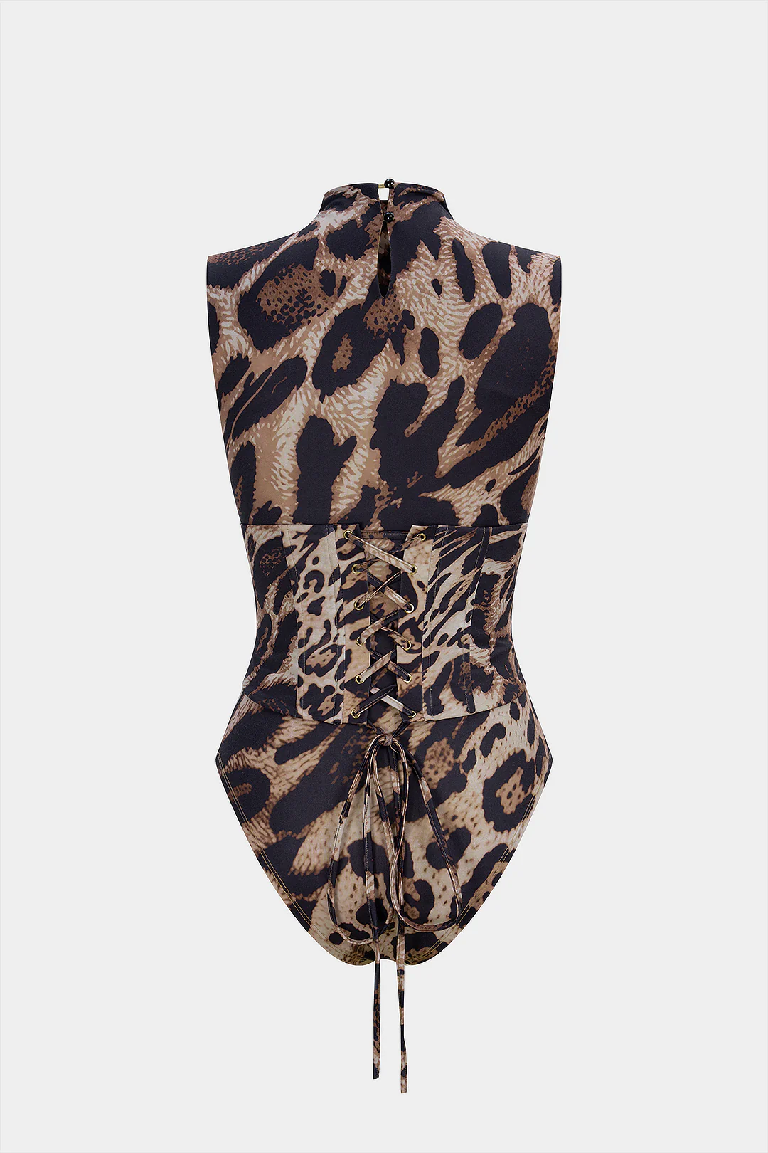 Leopard Print Sleeveless Bodysuit With Lace-Up Corset - Flockneti