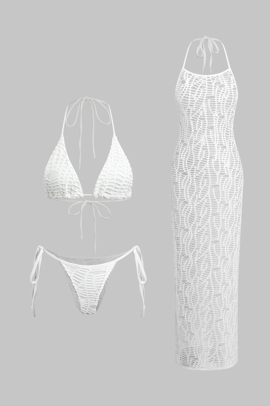 Textured Halter Neck Bikini And Open Knit Cover Up Set - Flockneti