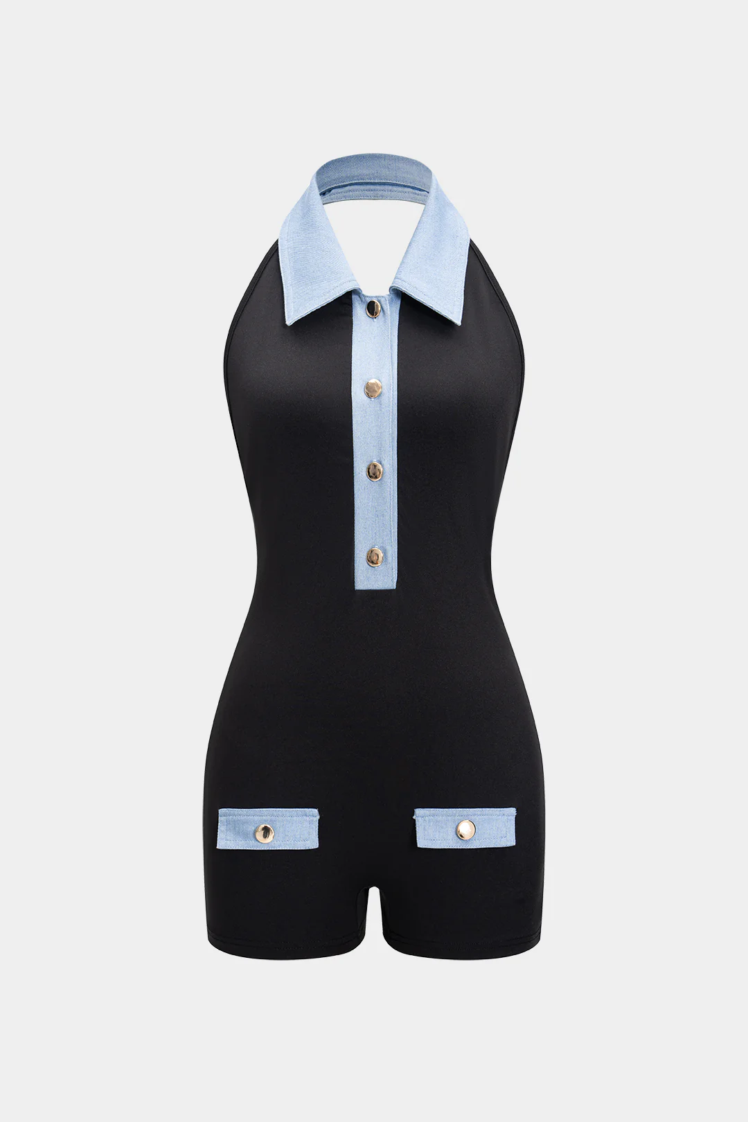 Patchwork Metallic Button Sleeveless Romper - Flockneti