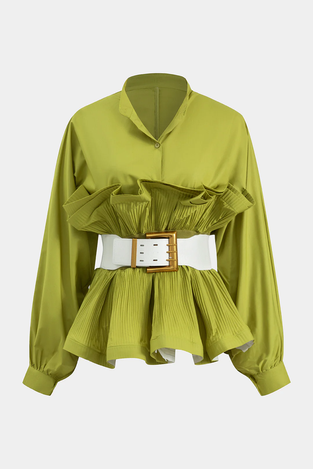 Pleated Ruffle Belted Long-Sleeve Shirt - Flockneti