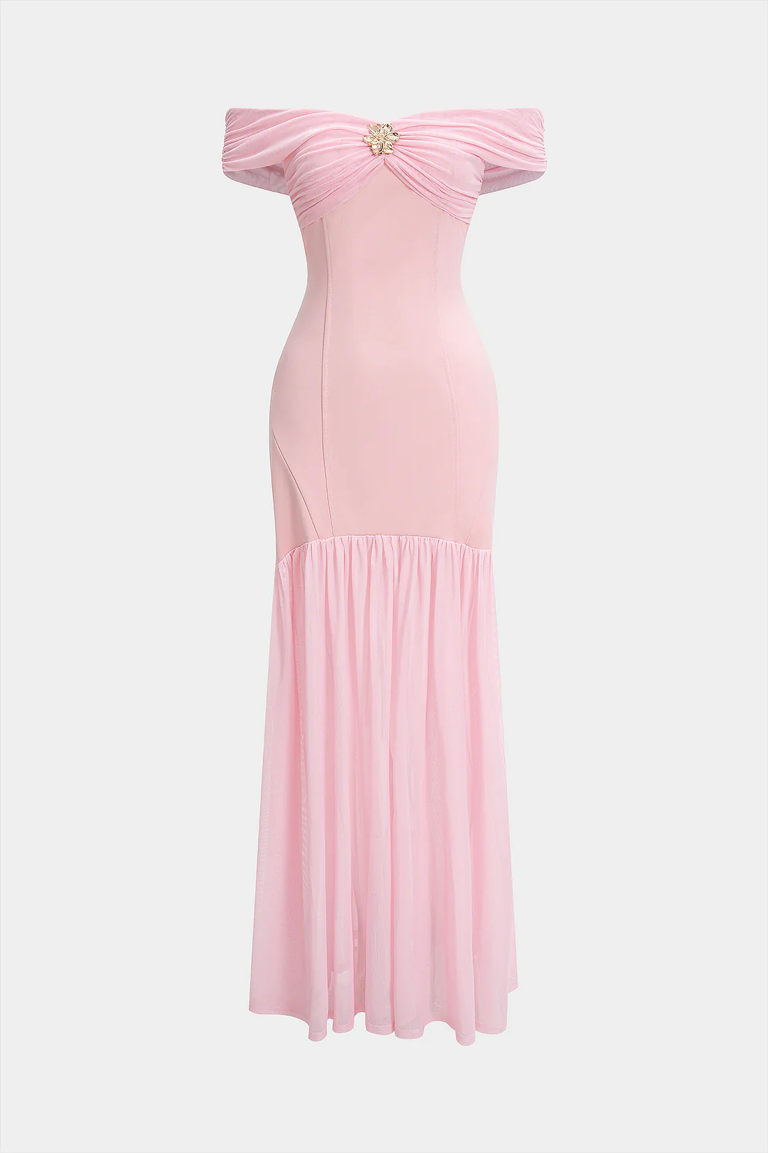 Ruched Metallic Decor Patchwork Off Shoulder Strapless Maxi Dress - Flockneti