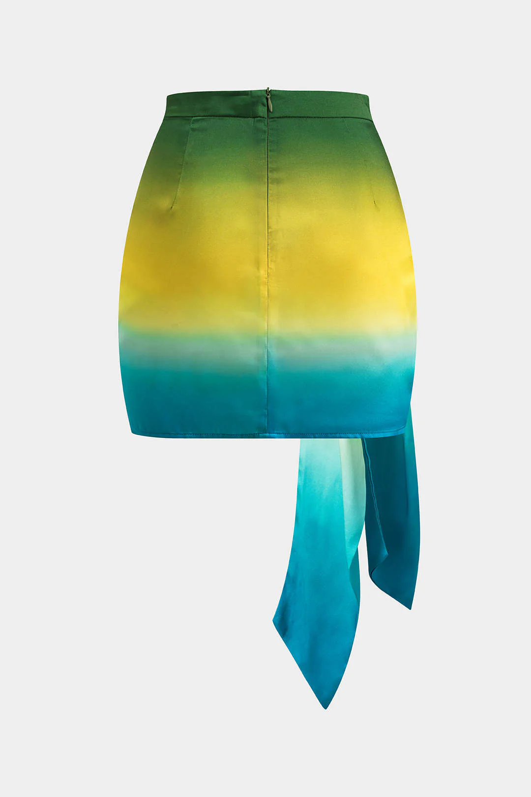 Ombre Print Satin Ruched Tie Front Zipper Skirt - Flockneti