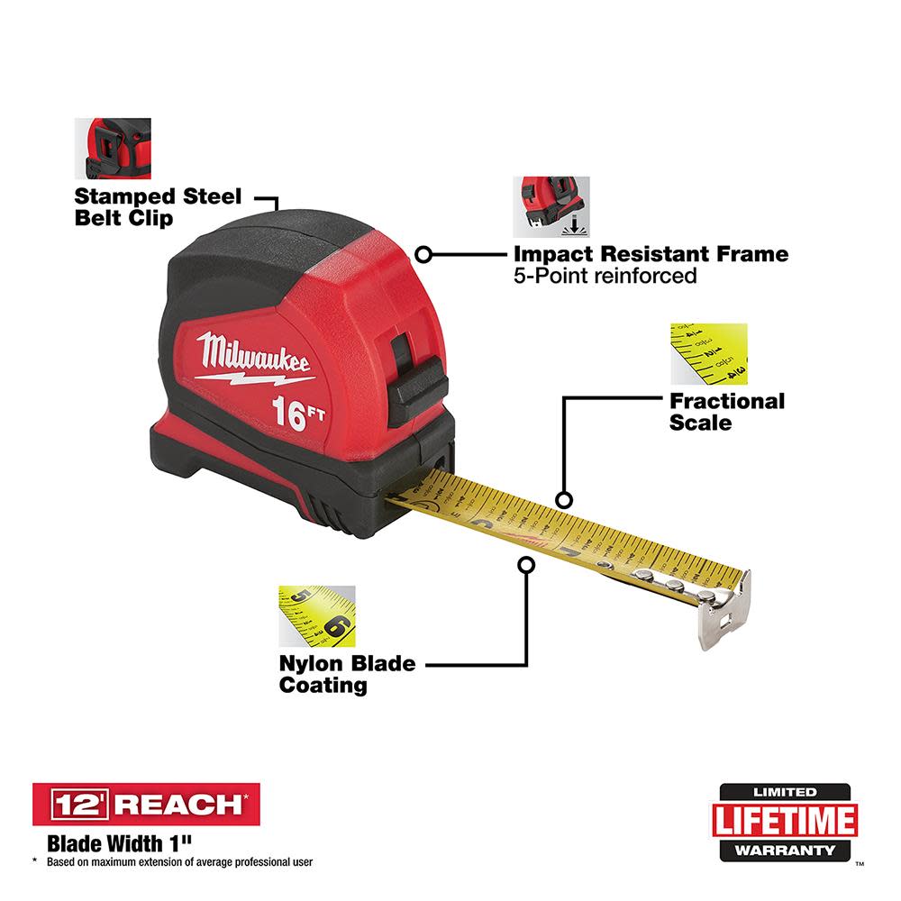 Milwaukee 16 ft. Compact Tape Measure - Flockneti