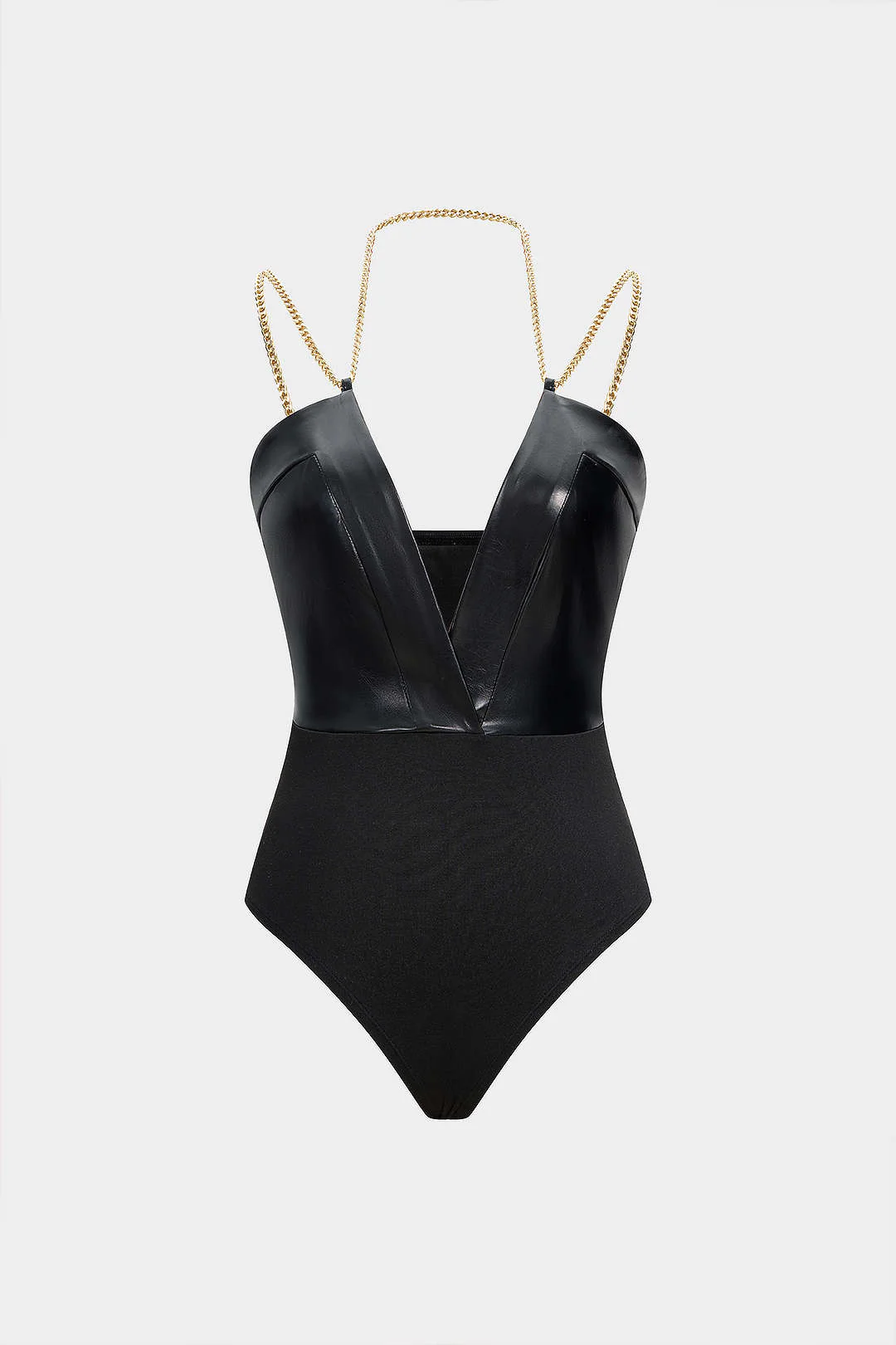 Faux Leather Chain Patchwork Sleeveless V-Neck Bodysuit - Flockneti