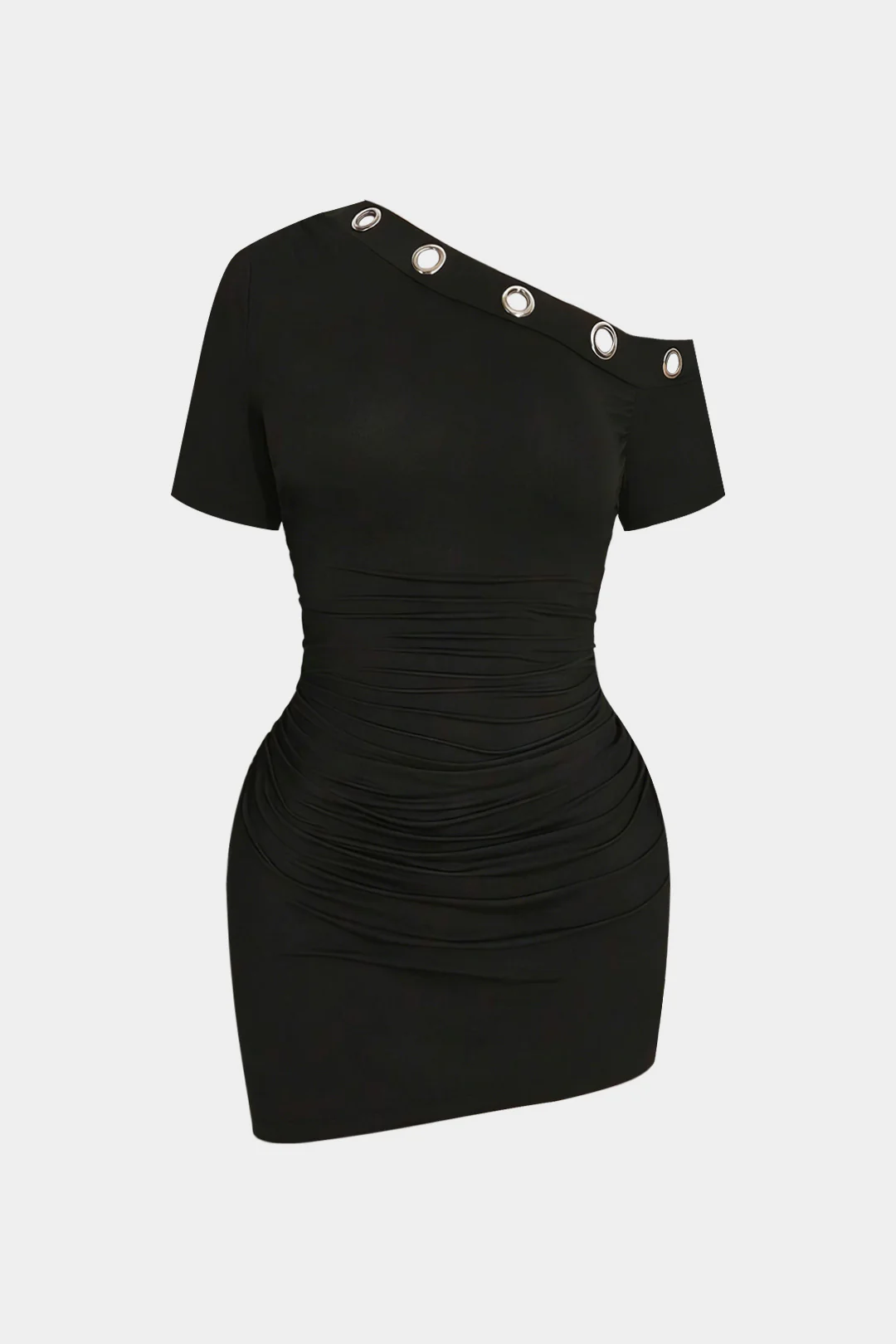 Plus Size Metallic Eyelet One Shoulder Short Sleeve Mini Dress - Flockneti