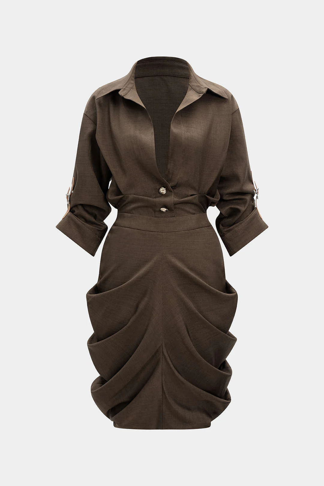 Ruched Button V-Neck Long Sleeve Midi Dress - Flockneti