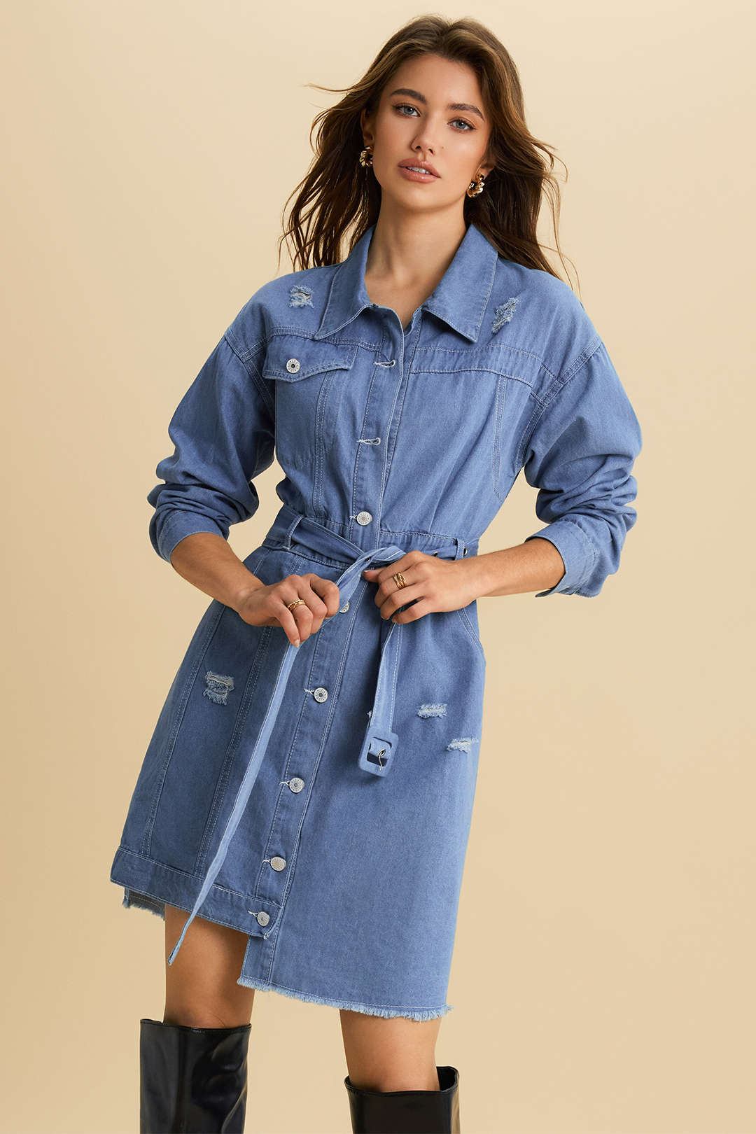 Denim Tie Front Long Sleeve Dress - Flockneti