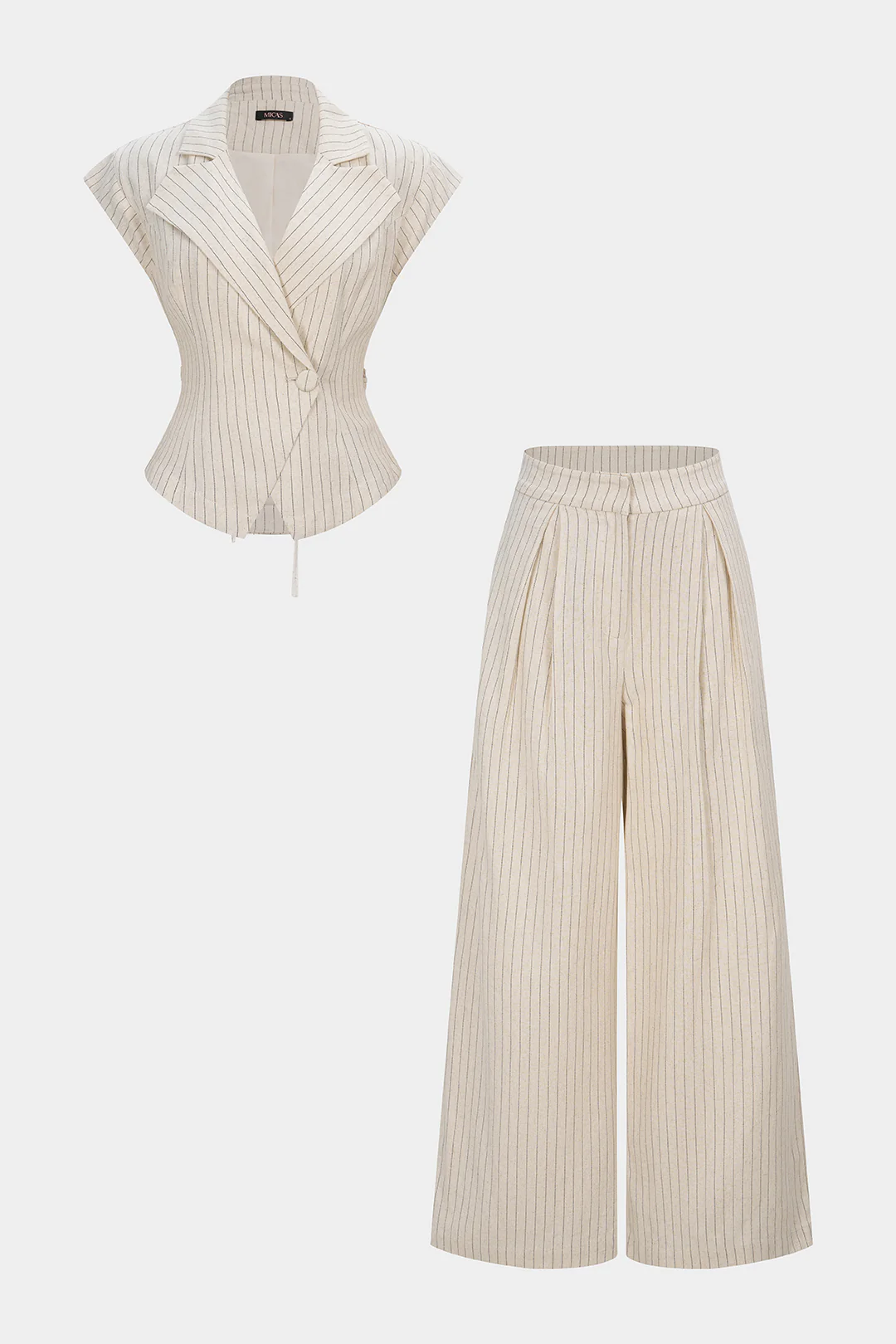 Stripes Print Linen Notched Lapel Tie Back Blazer And Wide Leg Pants Set - Flockneti