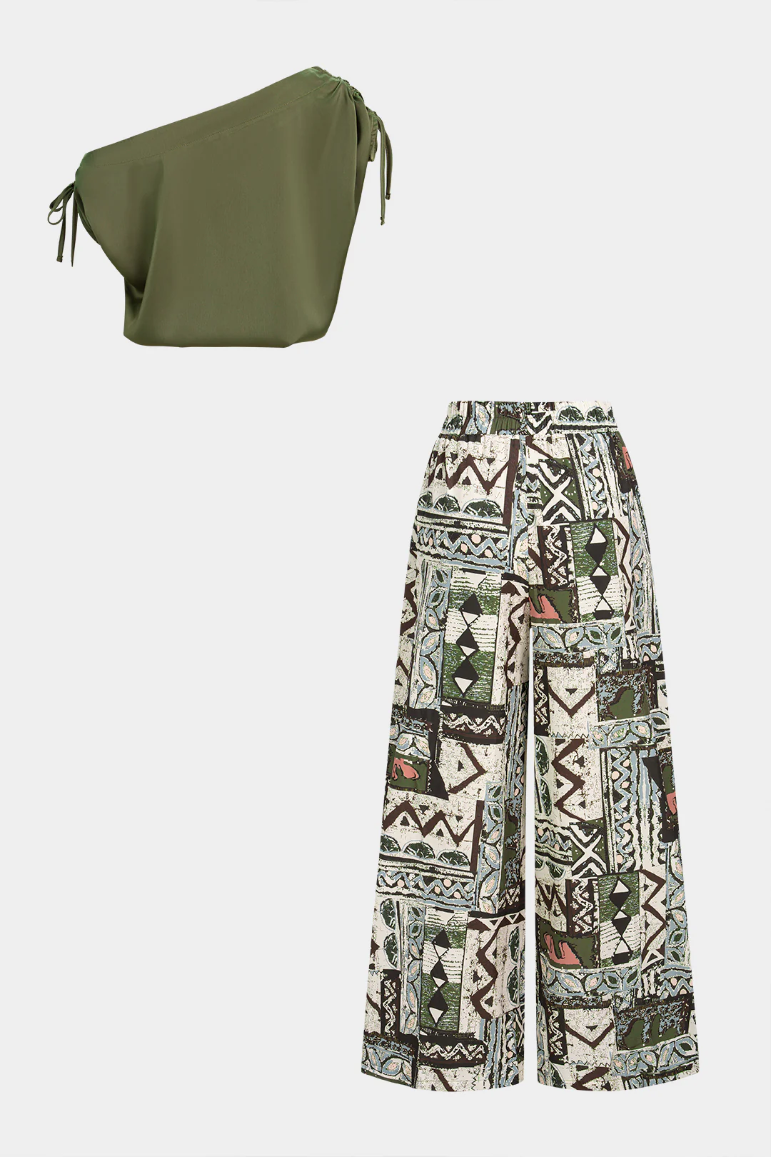 Satin One Shoulder Tie-Up Sleeveless Top And Geometric Print Wide-Leg Pants Set - Flockneti