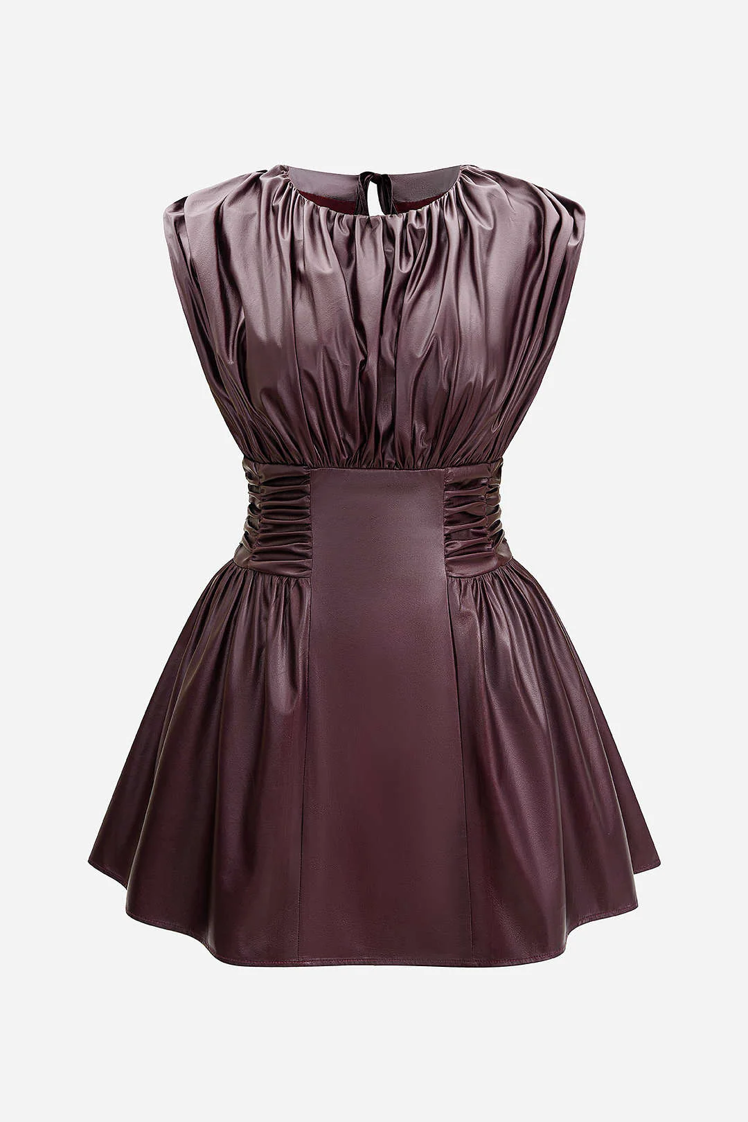 Plus Size Faux Leather Tie Back Backless Ruched Sleeveless Mini Dress - Flockneti