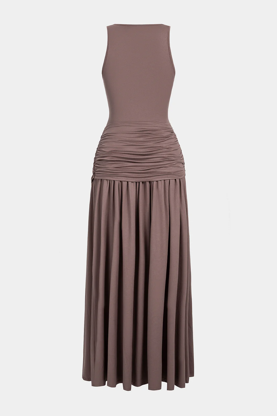 Tie Front Round Neck Ruched Sleeveless Maxi Dress - Flockneti