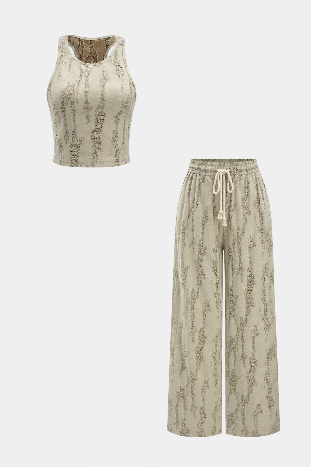 Ripped Sleeveless Tank Top And Drawstring High Waist Trousers Set - Flockneti