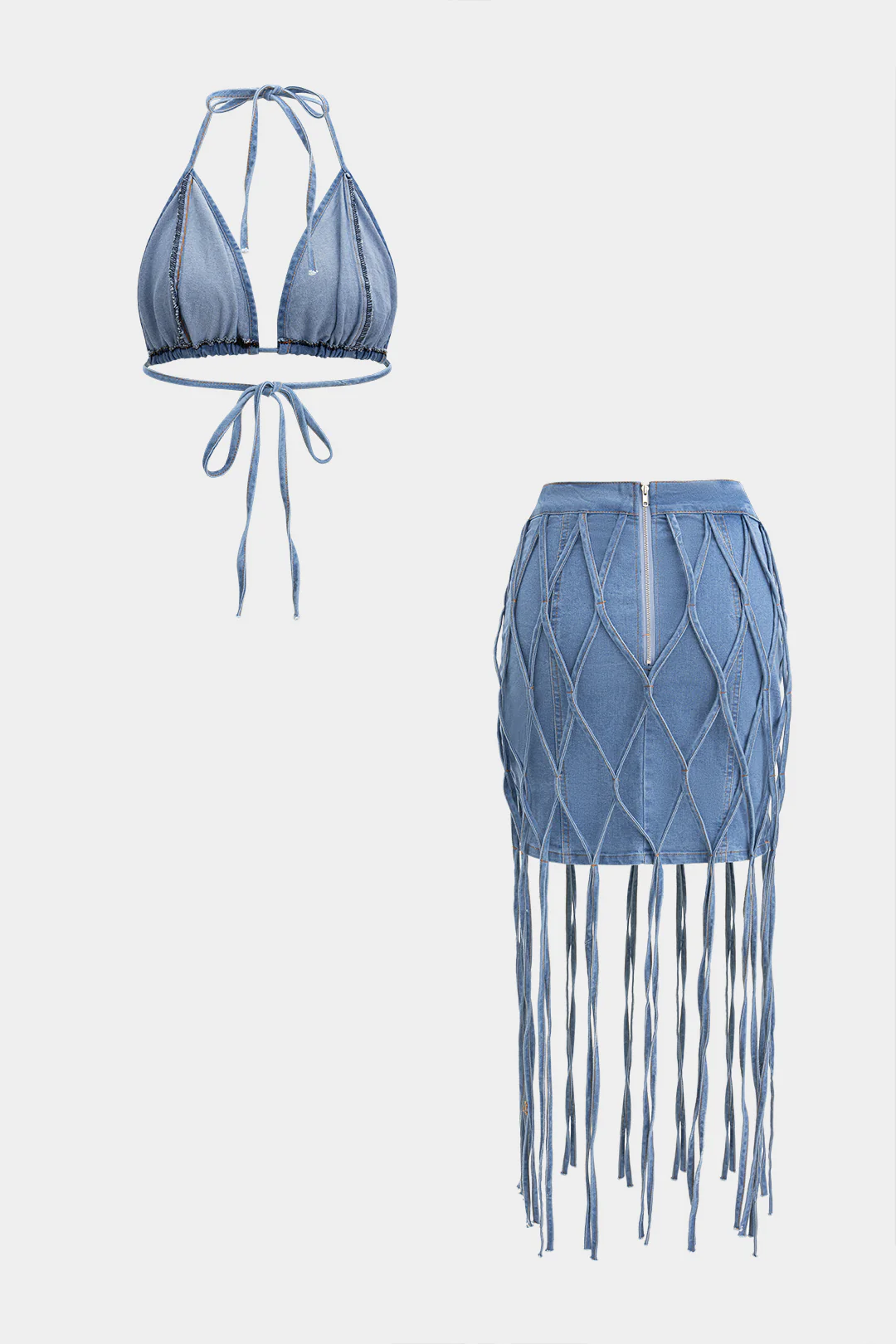 Denim Bra Top And Tie-Up Skirt Set - Flockneti