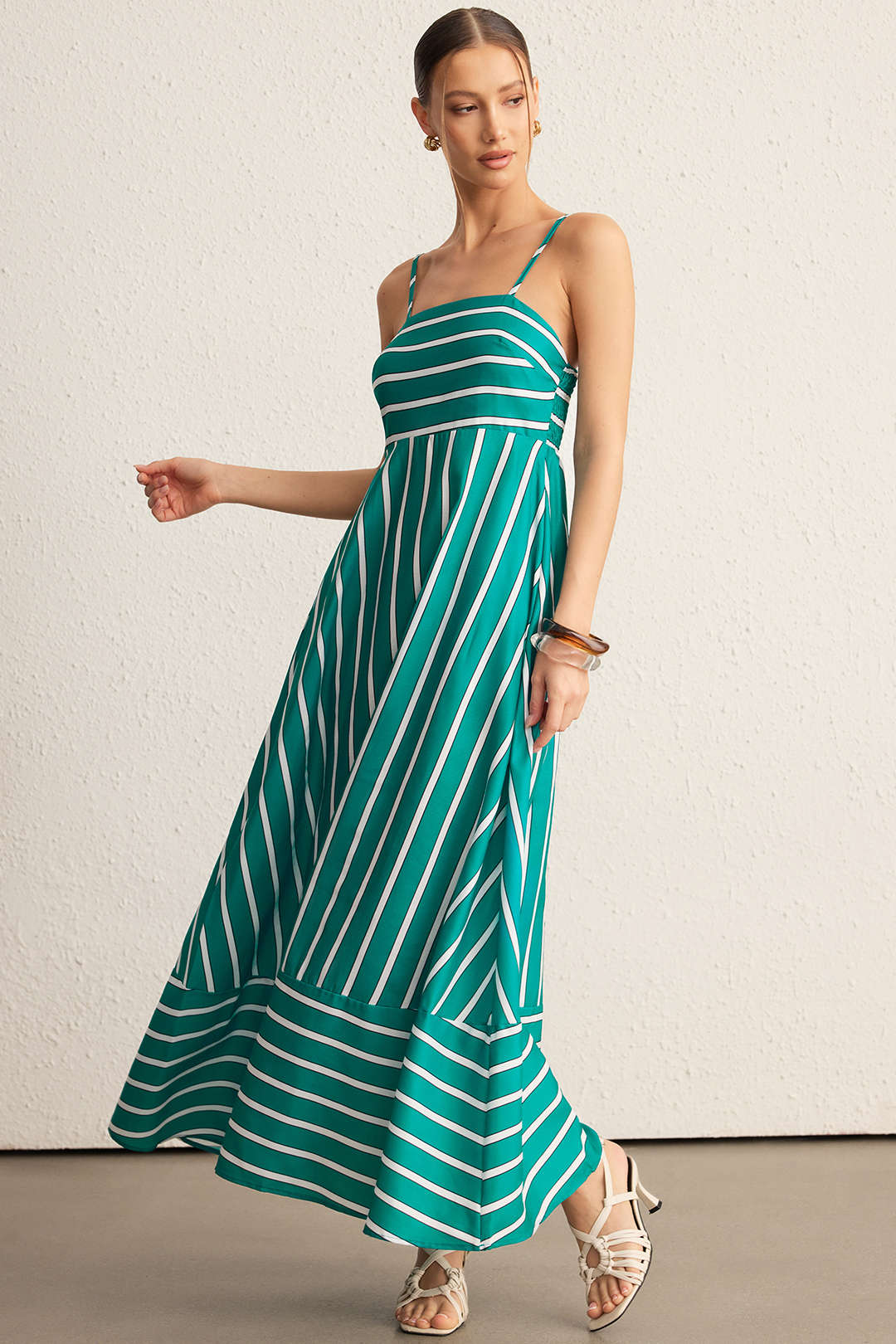 Stripes Print Backless Smocked Pocket Sleeveless Maxi Dress - Flockneti
