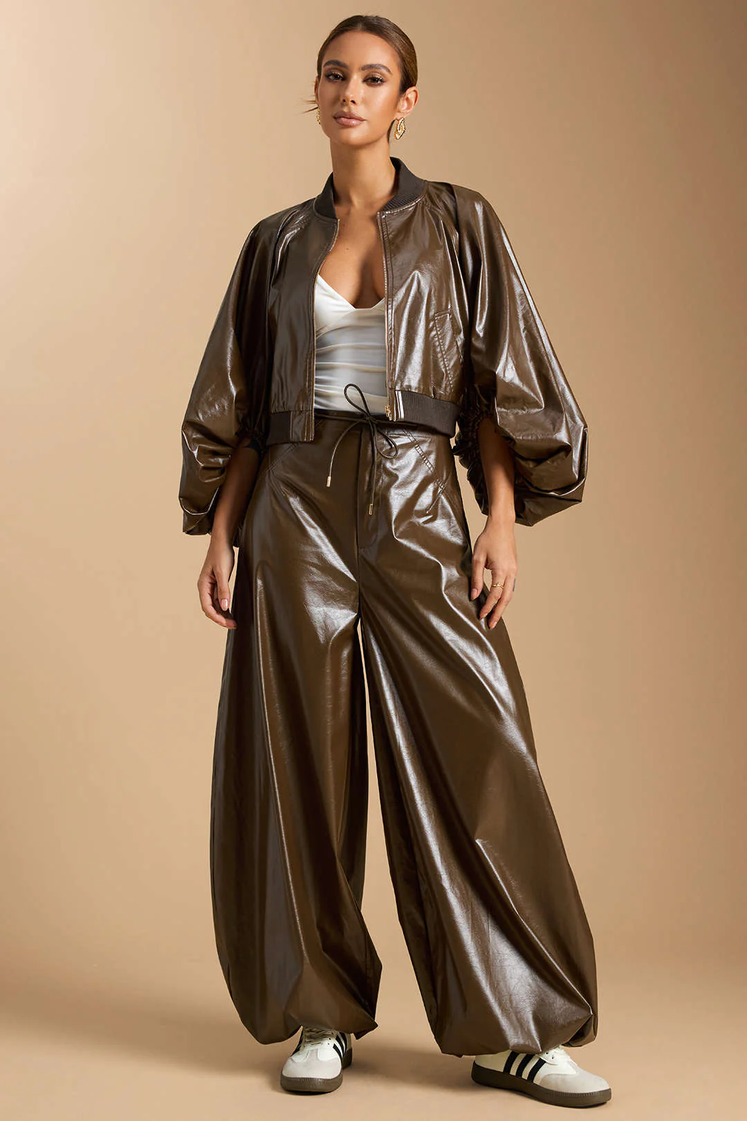 Faux Leather Tie-Up Lantern Trousers - Flockneti
